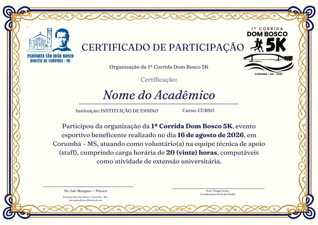 Modelo do certificado de participação da 1ª Corrida Dom Bosco 5K